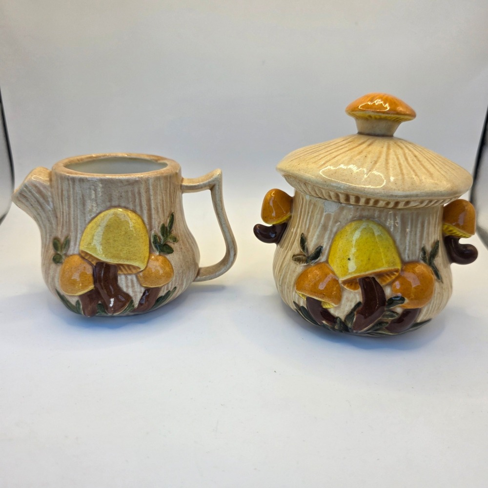 Vintage Arnel's Mushroom Ceramic Creamer and Sugar Bowl Set 1970s Retro Decor